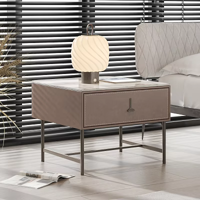 Modern Leather Nightstand With Drawer Metal Legs And Table Lamp In Bedroom 3d model