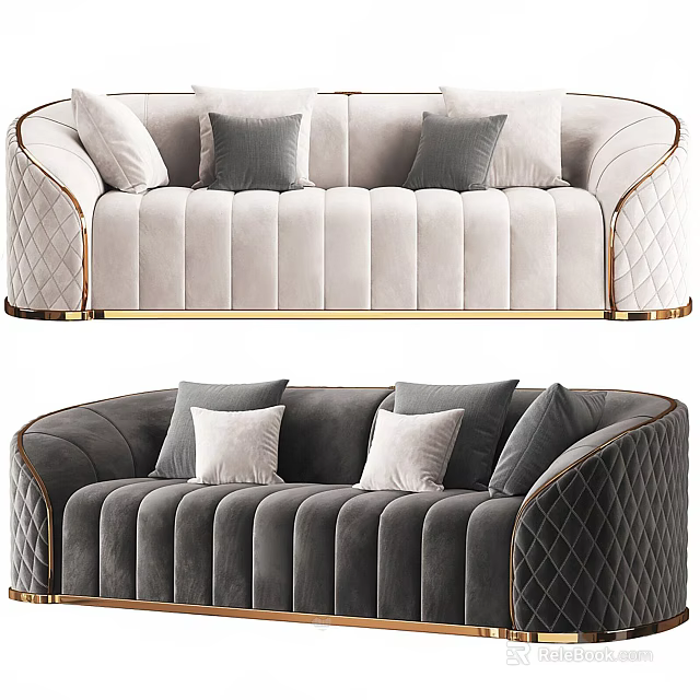 Luxury Modern Velvet Sectional Sofas With Beige Gray Colors Tufted Details And Metal Trim 3d model 