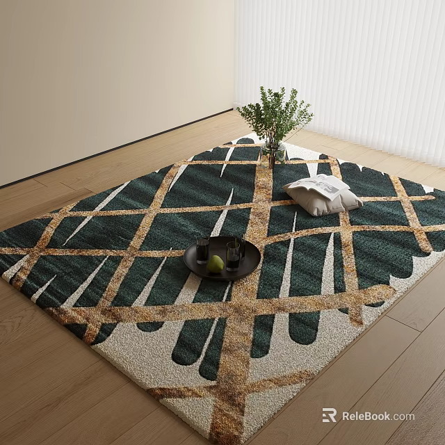 Square Green Gold White Geometric Pattern Rug With Decorative Tray Green Plant And White Cushion 3d model 