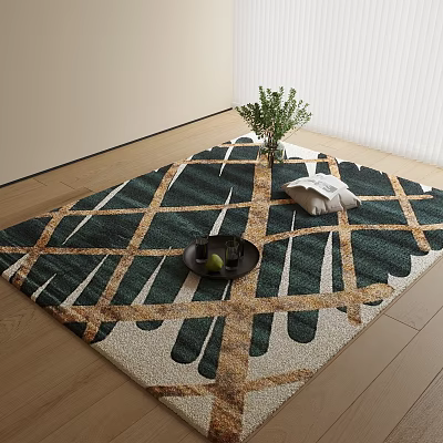 Square Green Gold White Geometric Pattern Rug With Decorative Tray Green Plant And White Cushion 3d model