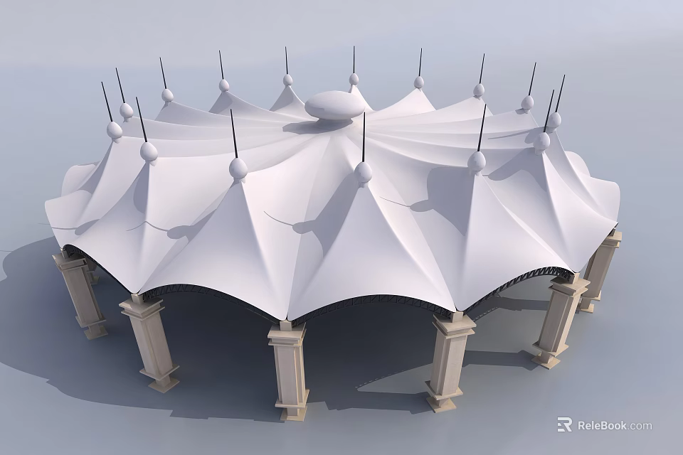 White Tensile Membrane Architectural Structure With Spires And Column Supports 3d model 