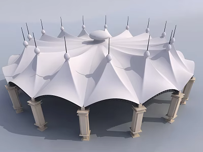 White Tensile Membrane Architectural Structure With Spires And Column Supports 3d model