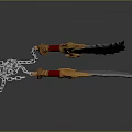 Fantasy Twin Blades Weapon With Golden Claw Handle Red Grip Serrated Blades And Silver Chain