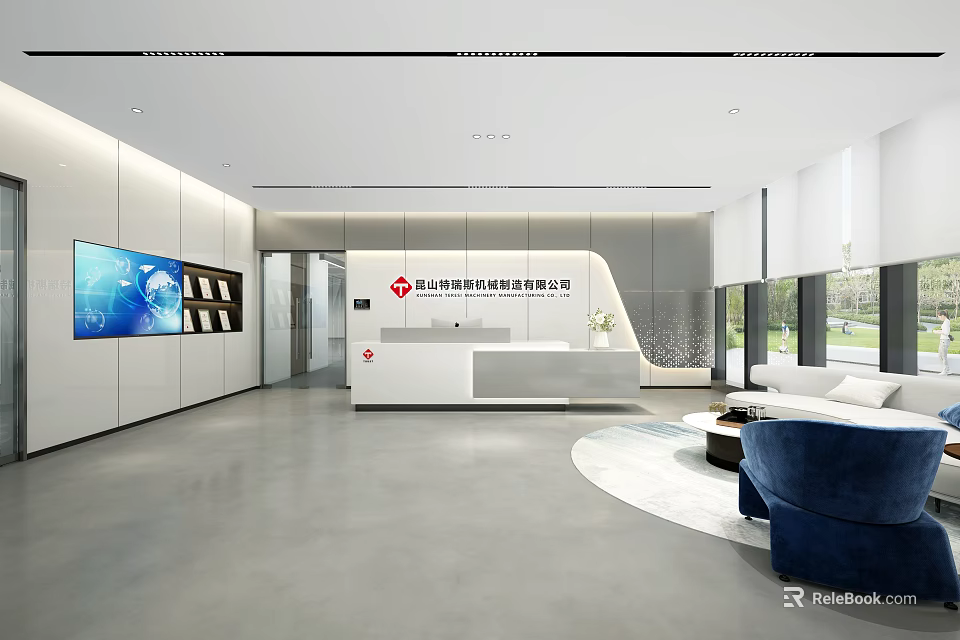 Bright Modern Minimalist Corporate Reception Area With Comfortable Waiting Lounge And Brand Logo Wall 3d model 