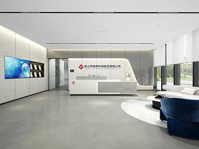 Bright Modern Minimalist Corporate Reception Area With Comfortable Waiting Lounge And Brand Logo Wall 3d model