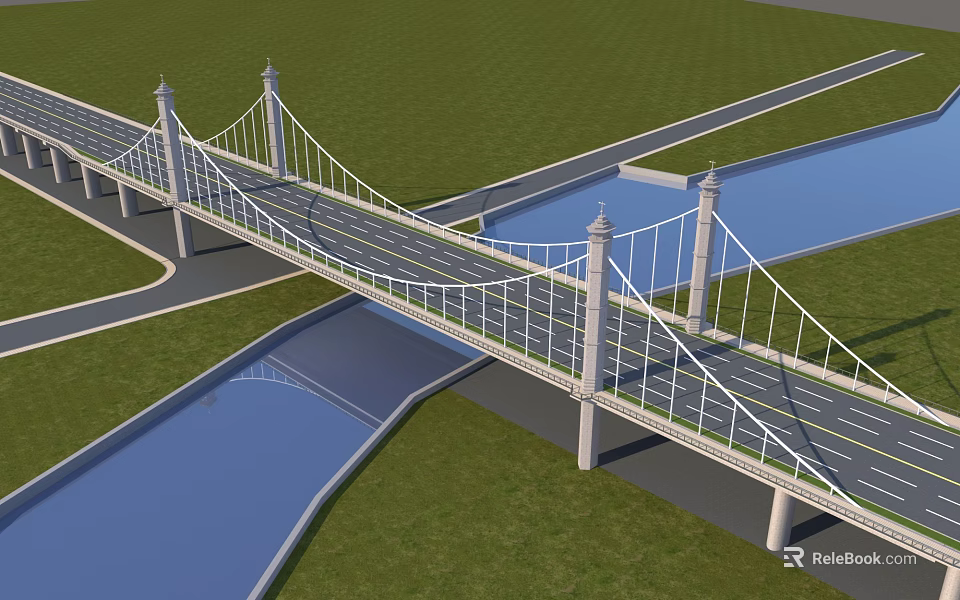 Modern Suspension Bridge With Cable Towers Road Lanes Green Grass And River 3d model 