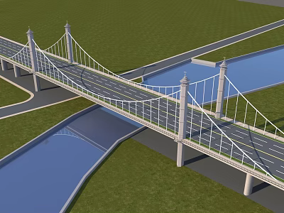 Modern Suspension Bridge With Cable Towers Road Lanes Green Grass And River 3d model
