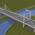 Modern Suspension Bridge With Cable Towers Road Lanes Green Grass And River