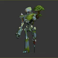 Mechanical Robot Standing With Small Green Tree On Shoulder And Grassland Base 3d model