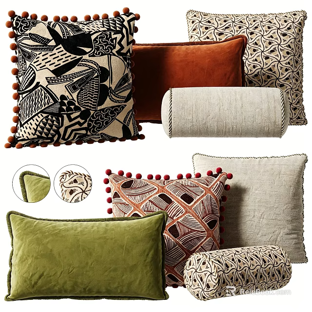 Decorative Throw Pillows with Pom Pom Details Various Patterns and Colorful Textures 3d model 
