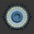 Scenic Futuristic Night Landscape Featuring Circular Multi Layered Structure with Blue and Yellow Lighting