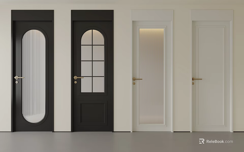 Black and White Flush Doors With Glass Panels And Gold Handles Design 3d model 