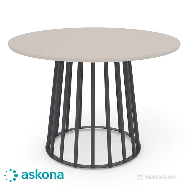 Modern Round Dining Table With Light Colored Tabletop And Black Metal Vertical Slat Base 3d model 