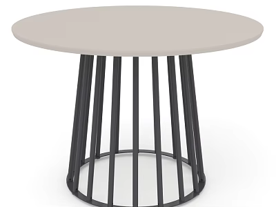Modern Round Dining Table With Light Colored Tabletop And Black Metal Vertical Slat Base 3d model