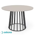 Modern Round Dining Table With Light Colored Tabletop And Black Metal Vertical Slat Base