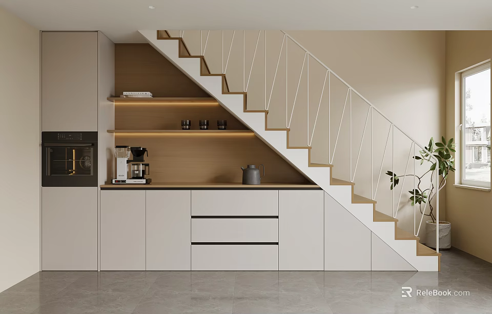 Modern Minimalist Interior Staircase with Wooden Steps White Railings Cabinets Coffee Machine Kettle 3d model 