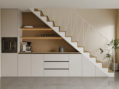 Modern Minimalist Interior Staircase with Wooden Steps White Railings Cabinets Coffee Machine Kettle 3d model
