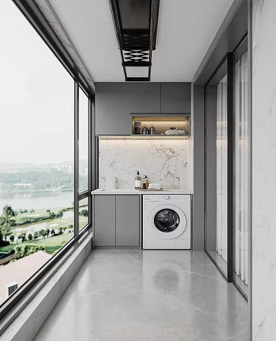 Modern Home Balcony With Gray Cabinets Marble Countertop Washing Machine Lake View And Large Windows 3d model