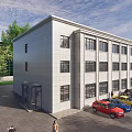 Modern White Office Building With Multiple Windows Parking Lot Green Lawn And Pedestrians