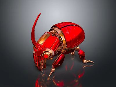Detailed Red Gold Mechanical Beetle Sculpture With Metallic Finish And Reflective Surface 3d model
