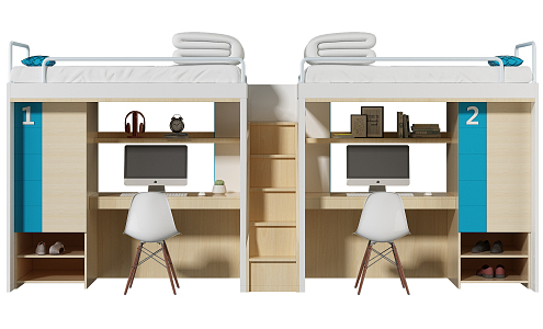 Modern Bed and Bunk Bed Dormitory Bunk Bed 3d model