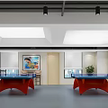 Indoor Table Tennis Fitness Area With Blue Tabletop Red Legs And DHS Logos Barriers