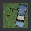 Vintage Blue Pickup Truck On Green Grassy Ground With Brown Chair And Tripod Lamp