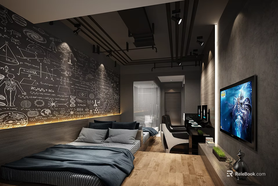Modern Hotel Room with Blackboard Wall Diagrams Comfortable Bed TV and Work Desk 3d model 