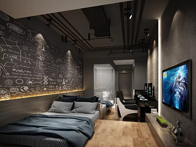 Modern Hotel Room with Blackboard Wall Diagrams Comfortable Bed TV and Work Desk 3d model