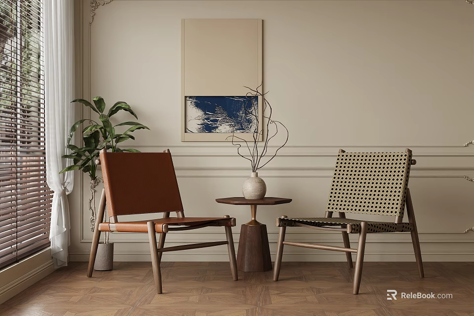Brown Leather And Woven Leisure Chairs With Side Table Plant And Wall Art In Interior 3d model 