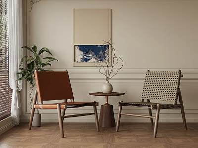 Brown Leather And Woven Leisure Chairs With Side Table Plant And Wall Art In Interior 3d model