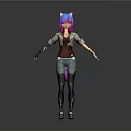 Anime Style 3D Character Model With Pink Purple Hair Cat Ears Jacket And Jeans