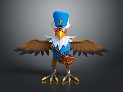 Anthropomorphic Eagle Character With Blue Uniform Hat Goggles And Leather Bag 3d model