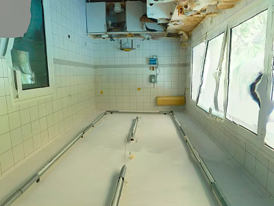 Cartoon Scene of Damaged Bathroom With Tile Walls Windows and Exposed Pipes on Floor 3d model