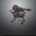 Futuristic Gatling Gun Placed in Shopping Cart With Ammunition Belts And Warning Signs