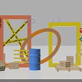 Construction Site Warning Setup With Loop Barriers Barrels And Wooden Boxes