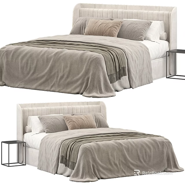 Modern Double Bed with Upholstered Headboard Neutral Linen Bedding and Pillows 3d model 