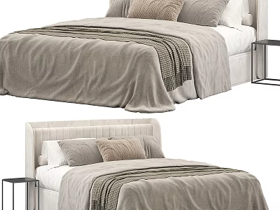 Modern Double Bed with Upholstered Headboard Neutral Linen Bedding and Pillows 3d model