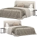 Modern Double Bed with Upholstered Headboard Neutral Linen Bedding and Pillows 3d model