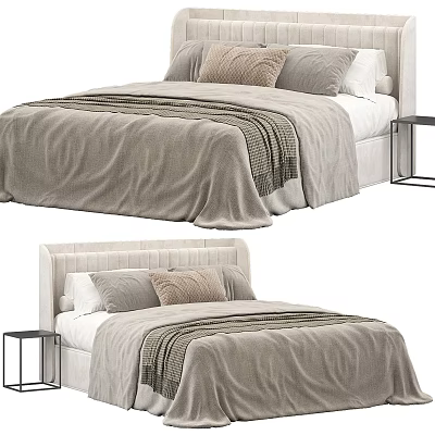 Modern Double Bed with Upholstered Headboard Neutral Linen Bedding and Pillows 3d model
