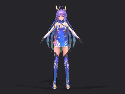 Female Character With Dragon Horns Purple Hair Blue Outfit And Long Decorative Boots 3d model
