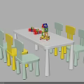 White Kids Table with Yellow and Light Green Chairs and Colorful Building Blocks Toys