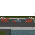 Orange Wicker Outdoor Sofa Set With Fire Pit Under Starry Sky And Water View