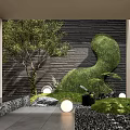 Serene Indoor Landscape With Black Wall Curved Green Plants Round Lights And Gravel Ground