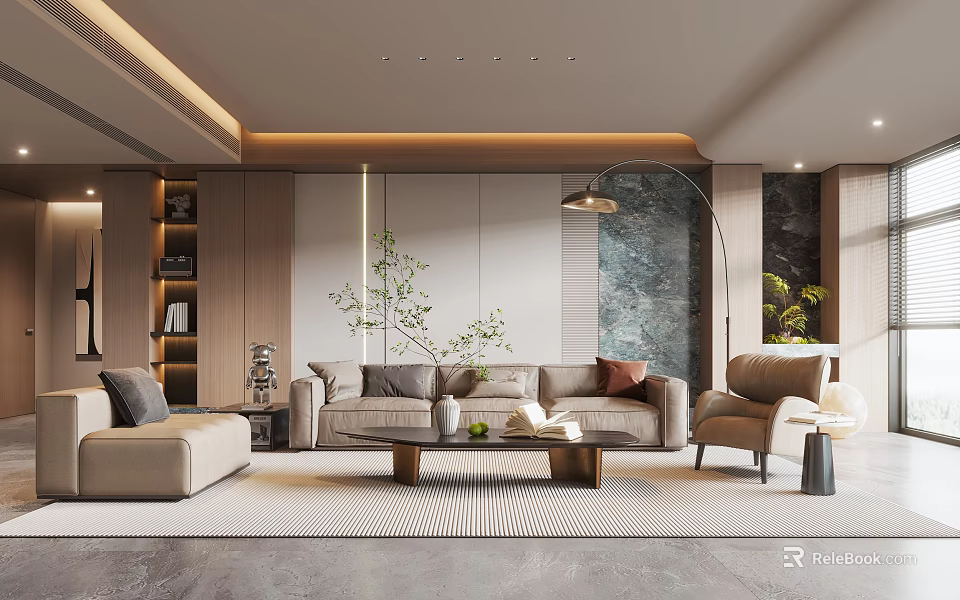 Luxurious Modern Living Room With Beige Sofa Armchair Coffee Table And Decorative Plants 3d model 