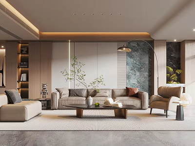 Luxurious Modern Living Room With Beige Sofa Armchair Coffee Table And Decorative Plants 3d model