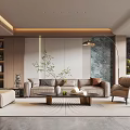 Luxurious Modern Living Room With Beige Sofa Armchair Coffee Table And Decorative Plants