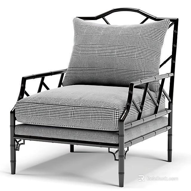 Modern Armchair with Checkered Fabric Cushion and Black Metal Frame Design 3d model 