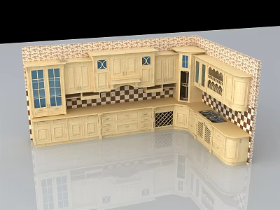 Traditional Beige Kitchen Cabinets With Glass Doors Checkerboard Pattern And L Shaped Design 3d model