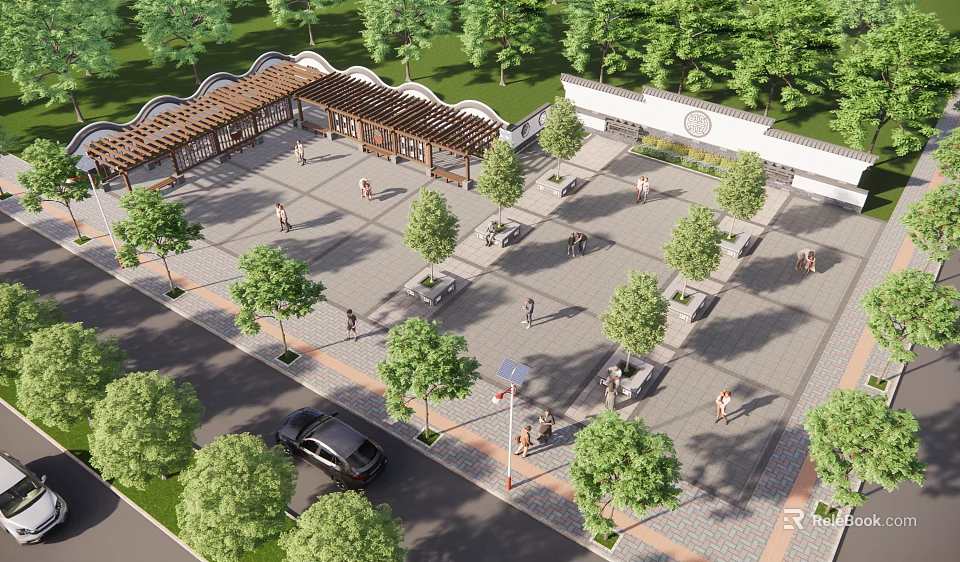 Scenic Public Square Featuring Covered Pavilion Trees Paved Ground And Pedestrians 3d model